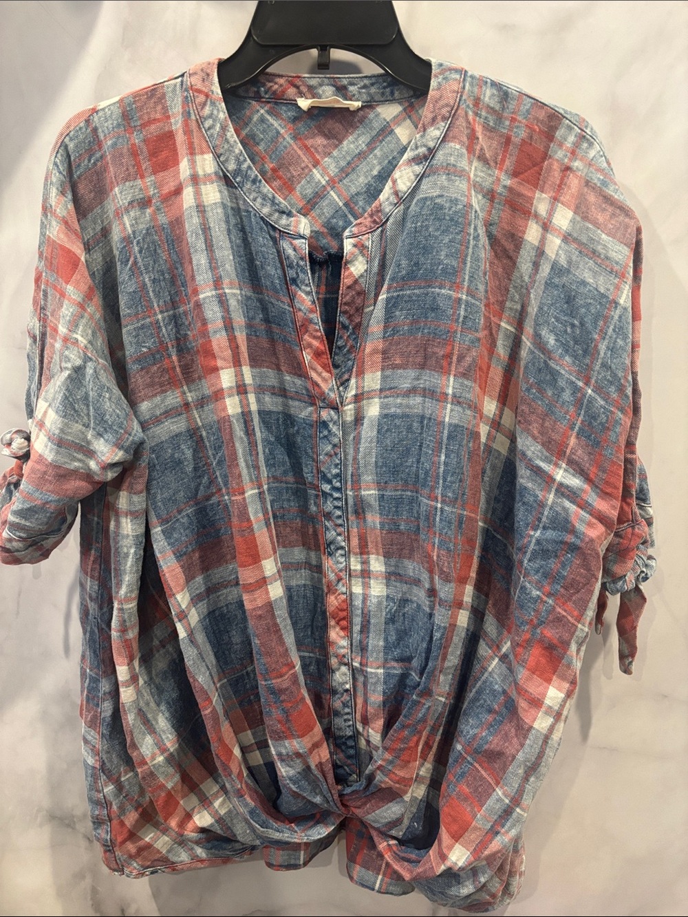 VICI V-Neck Plaid Twist-Hem Top in Red and Denim.